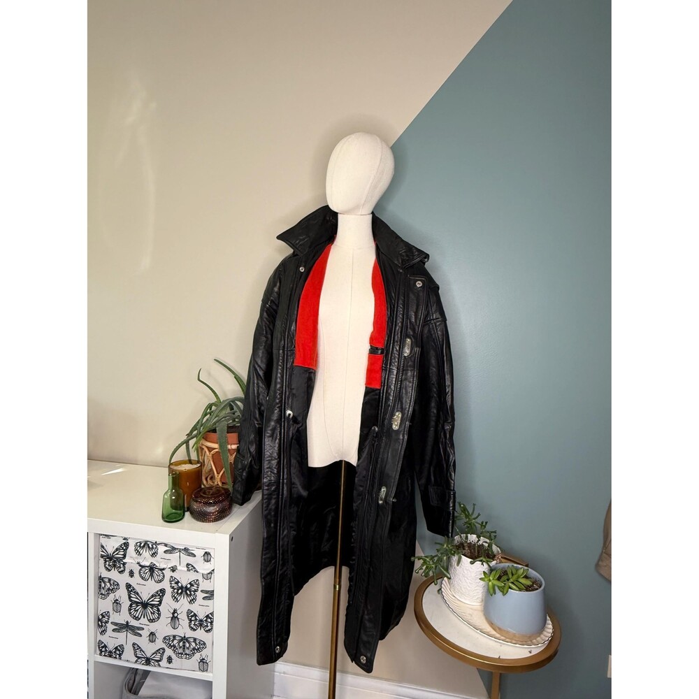 J. Elkins by Alamo Uomo Leather Duffle Coat Hooded Black Leather Parka VTG M - Picture 3 of 12